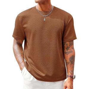 Runcati Men’s Casual T-Shirts Short Sleeve Crewneck Summer Stretchy Shirt Textured Jacquard Tops(Brown)
