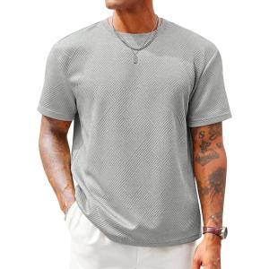 Runcati Men’s Casual T-Shirts Short Sleeve Crewneck Summer Stretchy Shirt Textured Jacquard Tops(Grey)