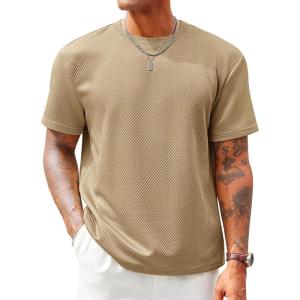Runcati Men’s Casual T-Shirts Short Sleeve Crewneck Summer Stretchy Shirt Textured Jacquard Tops(Khaki)