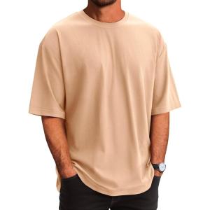 Runcati Mens Casual T-Shirts Short Sleeve Lightweight Oversized Summer Cotton Tee Beach Crew Neck Tops(Khaki)