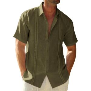 Runcati Mens Linen Cuban Guayabera Shirts Button Down Short Sleeve Shirt Cotton Hippie Summer Beach Vacation Shirts(Army Green)