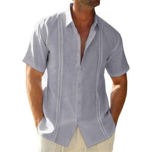 Runcati Mens Linen Cuban Guayabera Shirts Button Down Short Sleeve Shirt Cotton Hippie Summer Beach Vacation Shirts(Grey)