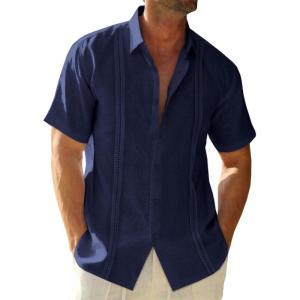 Runcati Mens Linen Cuban Guayabera Shirts Button Down Short Sleeve Shirt Cotton Hippie Summer Beach Vacation Shirts(Navy)