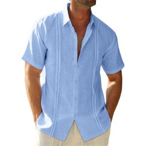 Runcati Mens Linen Cuban Guayabera Shirts Button Down Short Sleeve Shirt Cotton Hippie Summer Beach Vacation Shirts(Sky Blue)