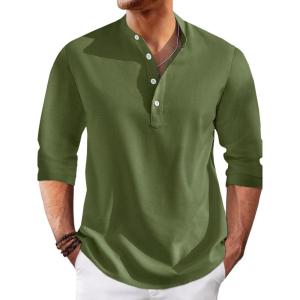 Runcati Mens Linen Henley Shirts Casual Lightweight 3/4 Sleeve T-Shirt Summer Beach Yoga Hippie Tops(Army Green)