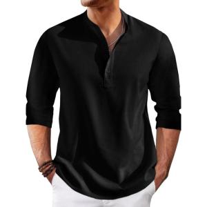 Runcati Mens Linen Henley Shirts Casual Lightweight 3/4 Sleeve T-Shirt Summer Beach Yoga Hippie Tops(Black)