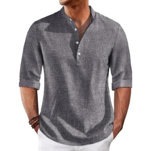 Runcati Mens Linen Henley Shirts Casual Lightweight 3/4 Sleeve T-Shirt Summer Beach Yoga Hippie Tops(Dark Grey)