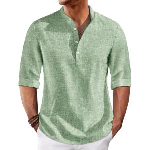 Runcati Mens Linen Henley Shirts Casual Lightweight 3/4 Sleeve T-Shirt Summer Beach Yoga Hippie Tops(Olive Green)