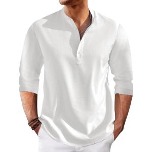 Runcati Mens Linen Henley Shirts Casual Lightweight 3/4 Sleeve T-Shirt Summer Beach Yoga Hippie Tops(White)