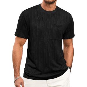 Runcati Mens Short Sleeve T-Shirts Casual Knit Texture Crewneck Pocket Tee Tops Loose Fit Summer Shirt(Black)