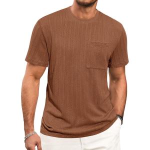 Runcati Mens Short Sleeve T-Shirts Casual Knit Texture Crewneck Pocket Tee Tops Loose Fit Summer Shirt(Coffee)