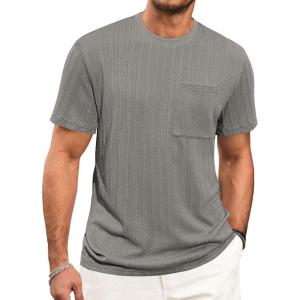 Runcati Mens Short Sleeve T-Shirts Casual Knit Texture Crewneck Pocket Tee Tops Loose Fit Summer Shirt(Grey)