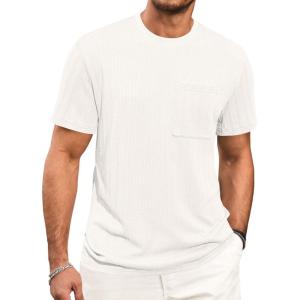 Runcati Mens Short Sleeve T-Shirts Casual Knit Texture Crewneck Pocket Tee Tops Loose Fit Summer Shirt(White)