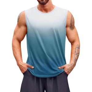 Runcati Mens Sleeveless Tank Tops Workout Muscle Gym T Shirts Crew Neck Gradient Tee Tops(Lake Blue)
