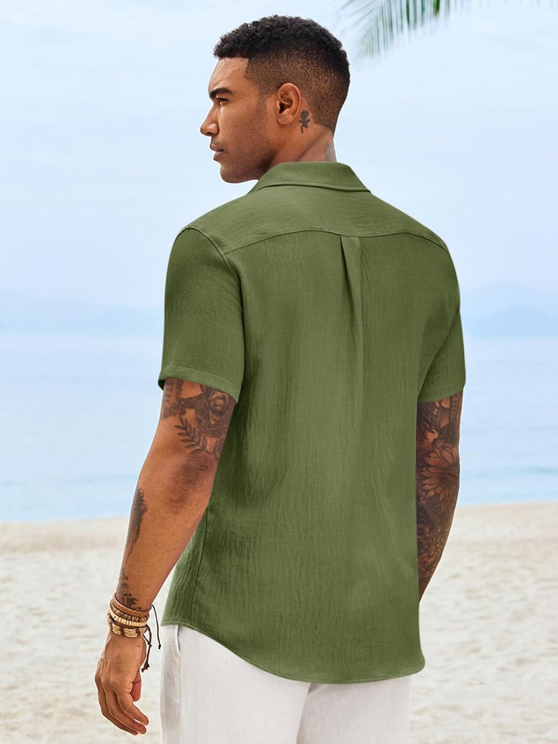 imageRuncati Mens Button Down Shirts Casual Short Sleeve Linen Shirt Summer Beach Textured Tops with PocketArmy Green