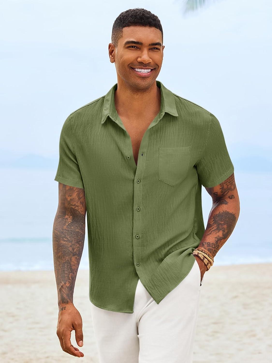 imageRuncati Mens Button Down Shirts Casual Short Sleeve Linen Shirt Summer Beach Textured Tops with PocketArmy Green