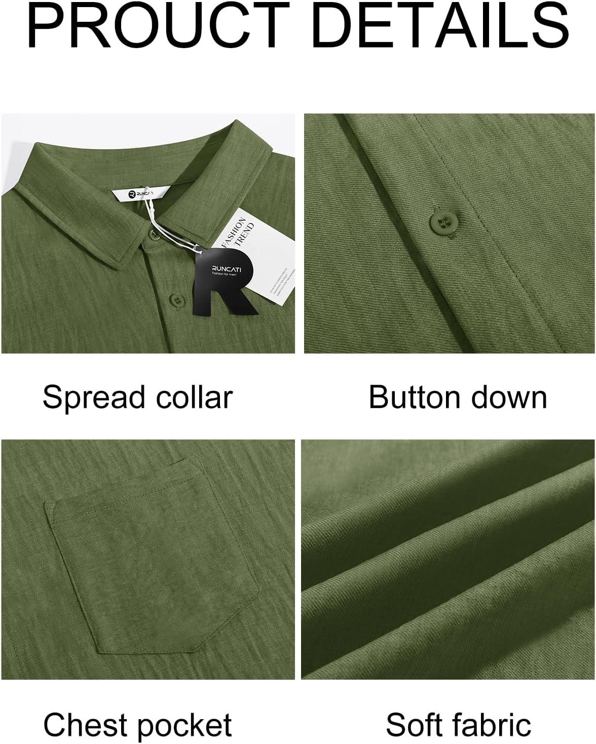 imageRuncati Mens Button Down Shirts Casual Short Sleeve Linen Shirt Summer Beach Textured Tops with PocketArmy Green