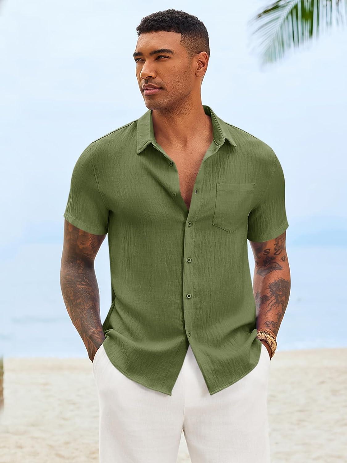 imageRuncati Mens Button Down Shirts Casual Short Sleeve Linen Shirt Summer Beach Textured Tops with PocketArmy Green