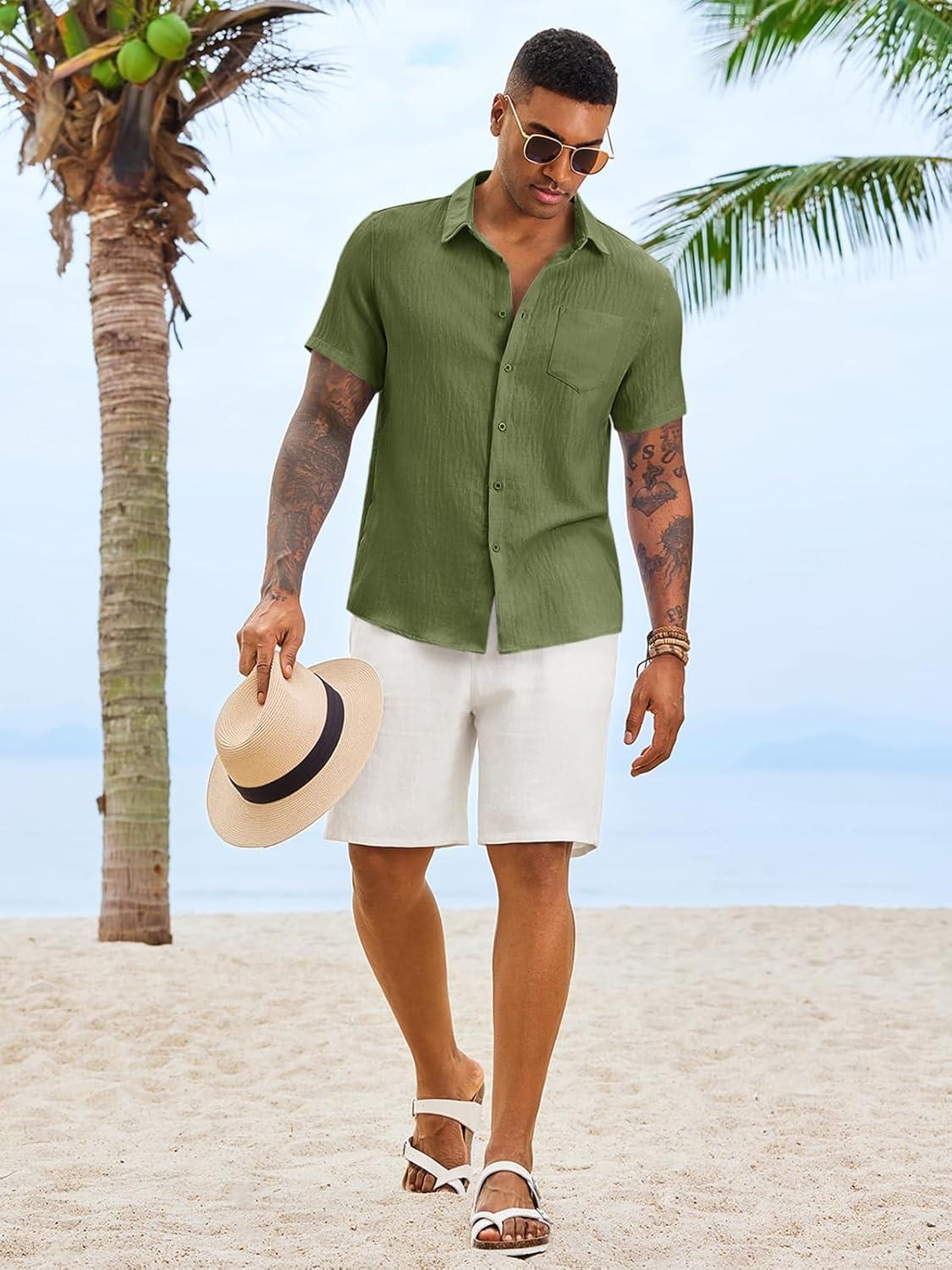 imageRuncati Mens Button Down Shirts Casual Short Sleeve Linen Shirt Summer Beach Textured Tops with PocketArmy Green
