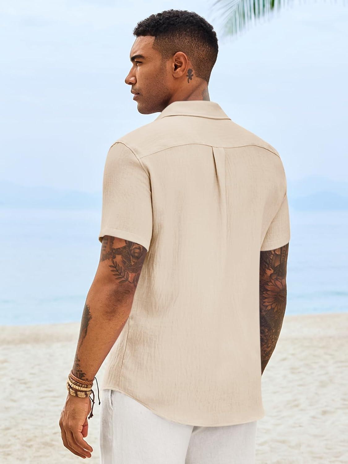 imageRuncati Mens Button Down Shirts Casual Short Sleeve Linen Shirt Summer Beach Textured Tops with PocketBeige