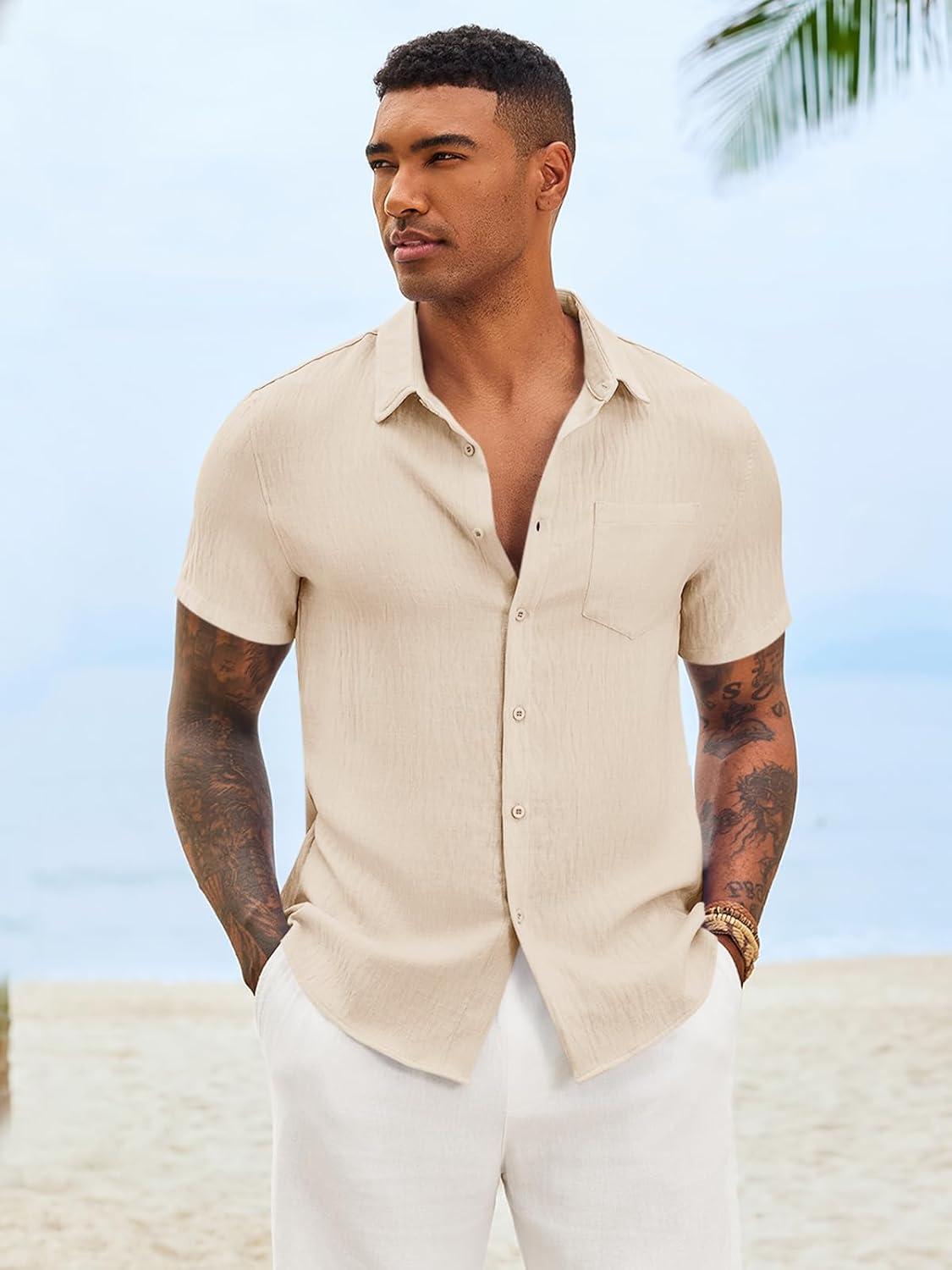imageRuncati Mens Button Down Shirts Casual Short Sleeve Linen Shirt Summer Beach Textured Tops with PocketBeige