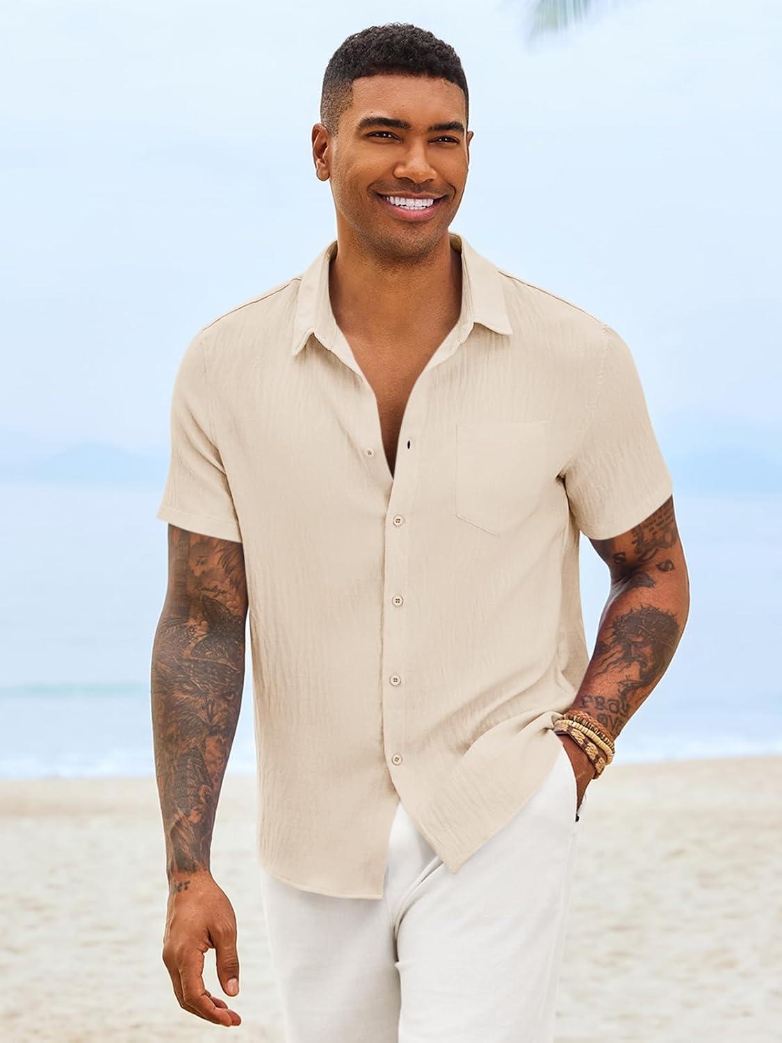 imageRuncati Mens Button Down Shirts Casual Short Sleeve Linen Shirt Summer Beach Textured Tops with PocketBeige