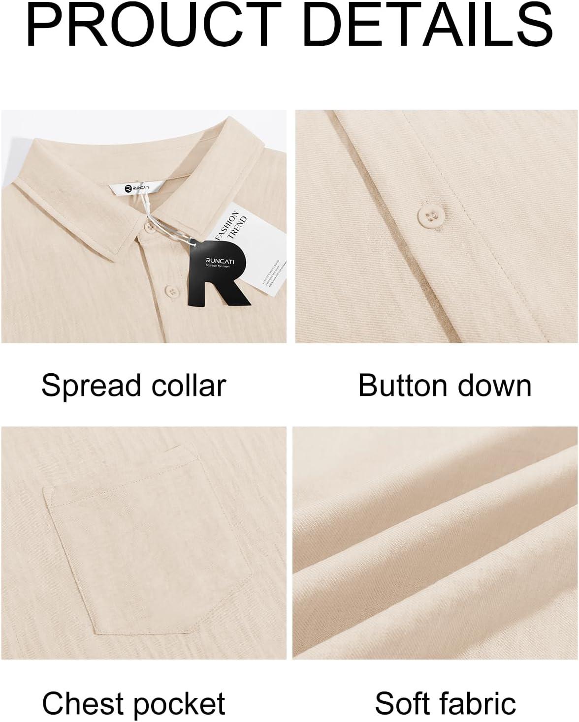 imageRuncati Mens Button Down Shirts Casual Short Sleeve Linen Shirt Summer Beach Textured Tops with PocketBeige