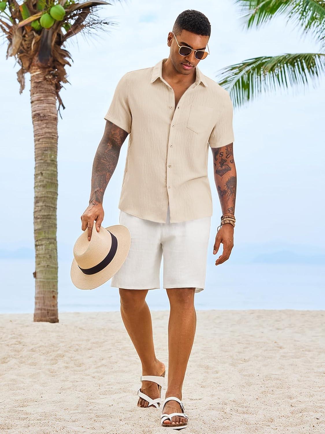 imageRuncati Mens Button Down Shirts Casual Short Sleeve Linen Shirt Summer Beach Textured Tops with PocketBeige