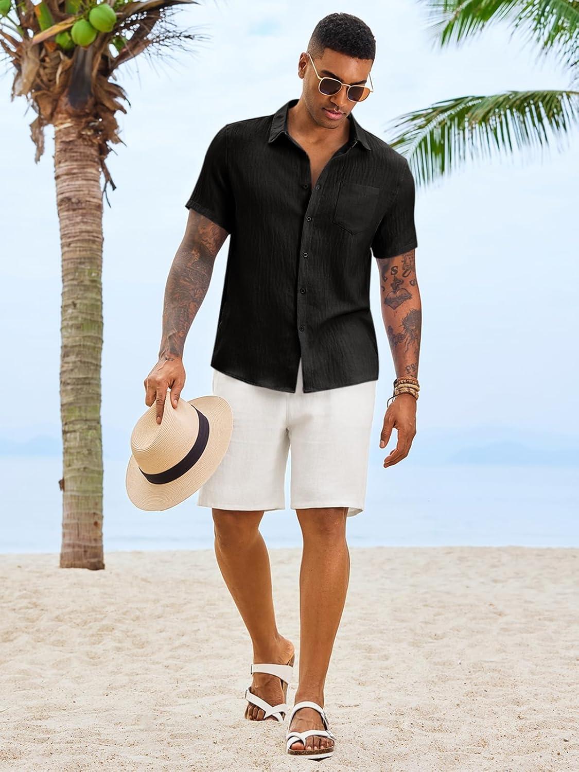 imageRuncati Mens Button Down Shirts Casual Short Sleeve Linen Shirt Summer Beach Textured Tops with PocketBlack