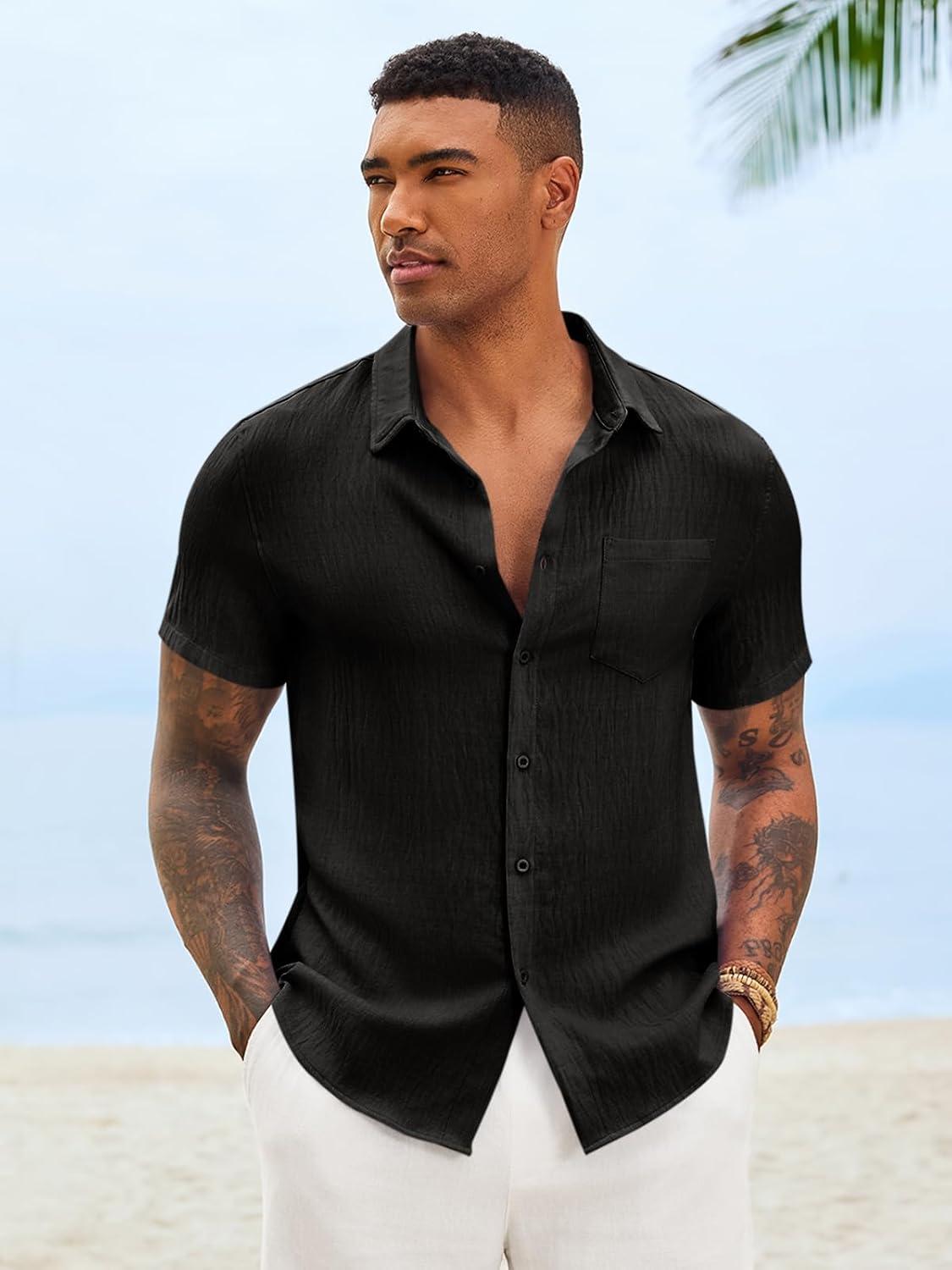 imageRuncati Mens Button Down Shirts Casual Short Sleeve Linen Shirt Summer Beach Textured Tops with PocketBlack