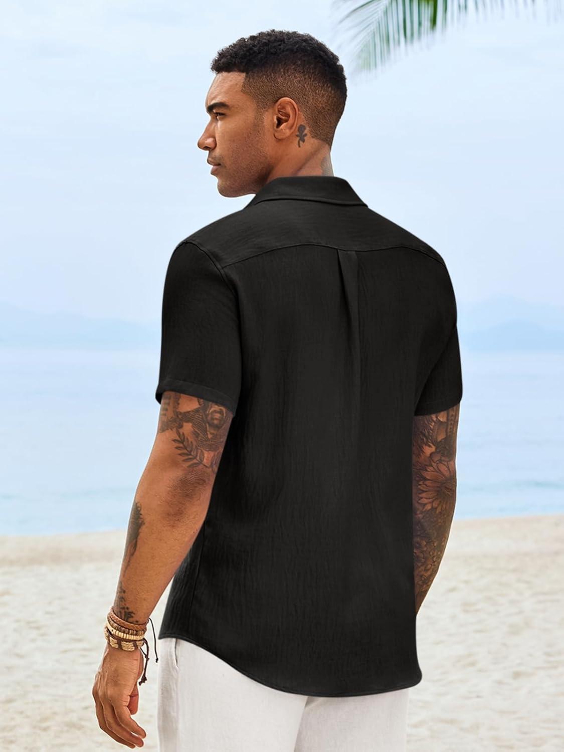 imageRuncati Mens Button Down Shirts Casual Short Sleeve Linen Shirt Summer Beach Textured Tops with PocketBlack