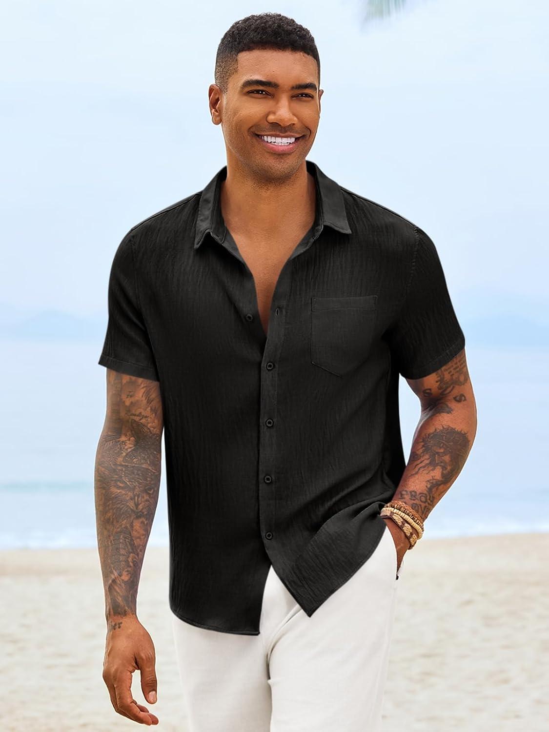 imageRuncati Mens Button Down Shirts Casual Short Sleeve Linen Shirt Summer Beach Textured Tops with PocketBlack