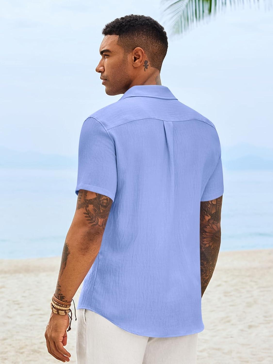 imageRuncati Mens Button Down Shirts Casual Short Sleeve Linen Shirt Summer Beach Textured Tops with PocketLight Blue