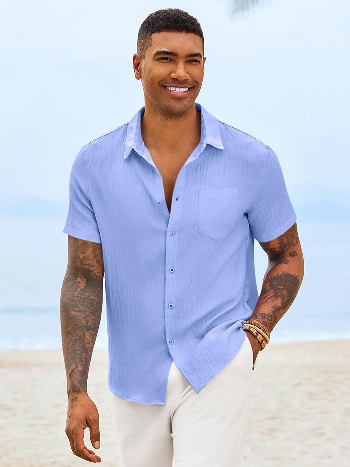 imageRuncati Mens Button Down Shirts Casual Short Sleeve Linen Shirt Summer Beach Textured Tops with PocketLight Blue