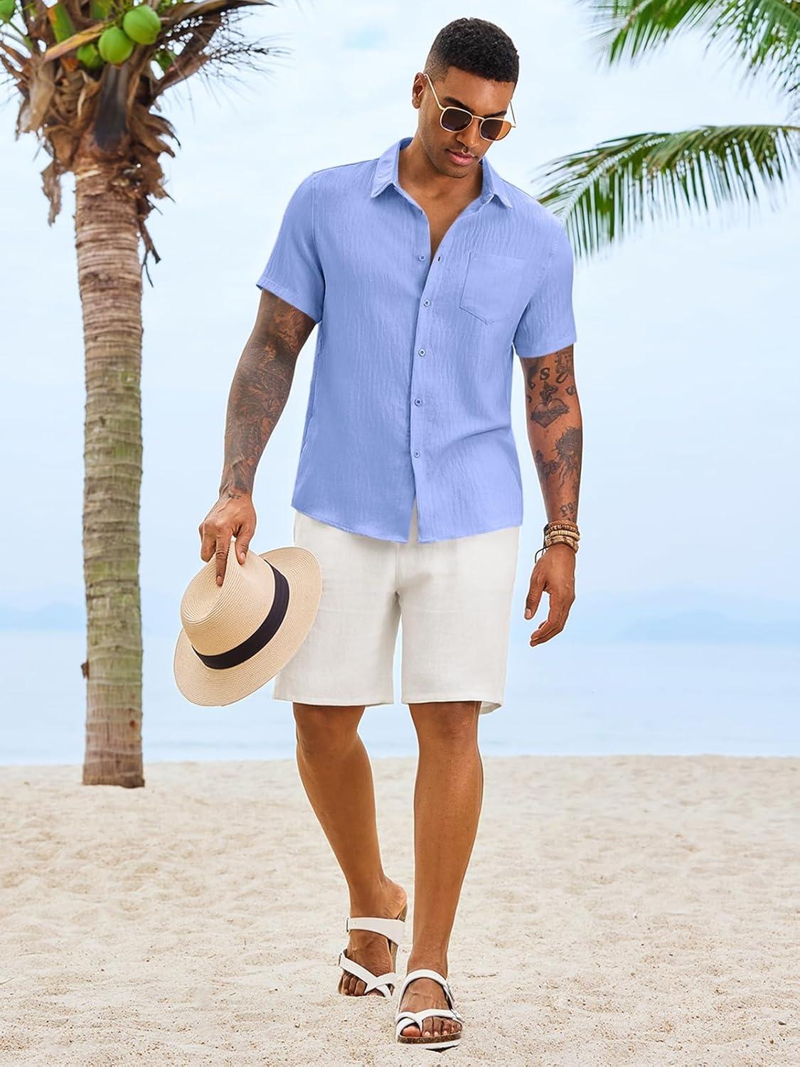 imageRuncati Mens Button Down Shirts Casual Short Sleeve Linen Shirt Summer Beach Textured Tops with PocketLight Blue
