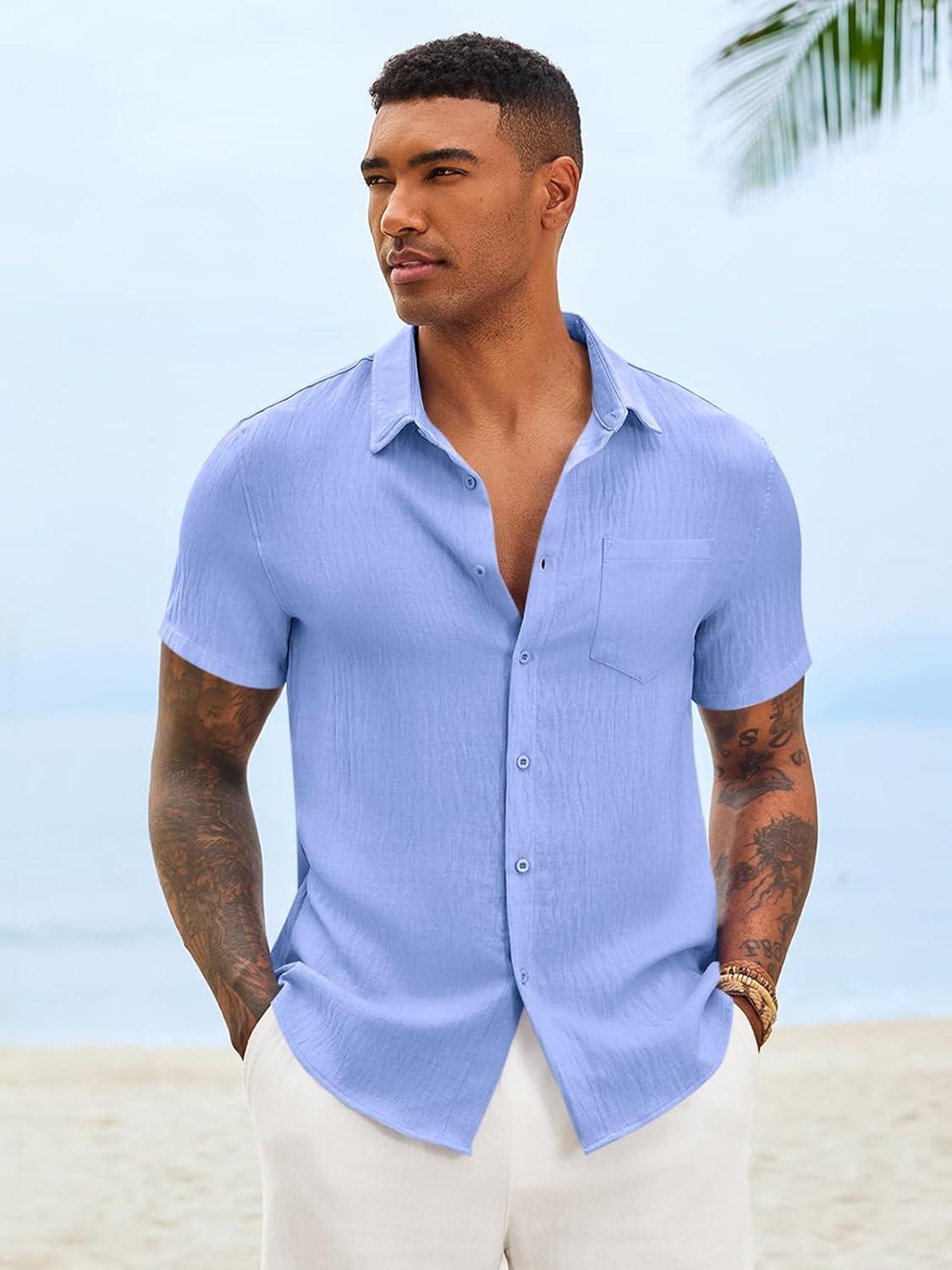 imageRuncati Mens Button Down Shirts Casual Short Sleeve Linen Shirt Summer Beach Textured Tops with PocketLight Blue