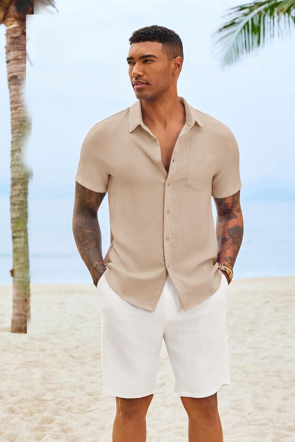 imageRuncati Mens Button Down Shirts Casual Short Sleeve Linen Shirt Summer Beach Textured Tops with PocketLight Khaki