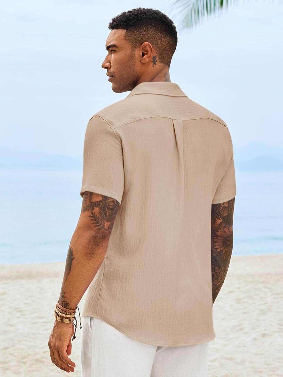 imageRuncati Mens Button Down Shirts Casual Short Sleeve Linen Shirt Summer Beach Textured Tops with PocketLight Khaki