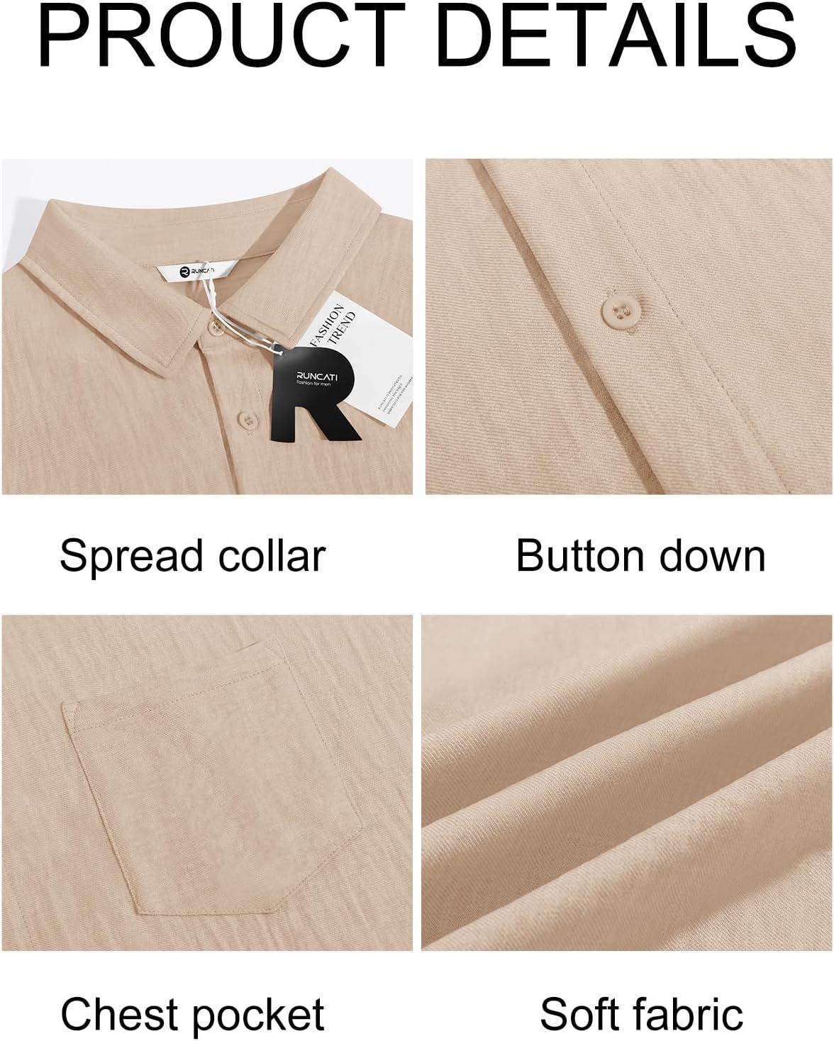 imageRuncati Mens Button Down Shirts Casual Short Sleeve Linen Shirt Summer Beach Textured Tops with PocketLight Khaki