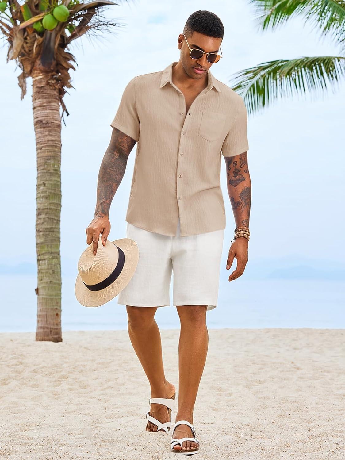 imageRuncati Mens Button Down Shirts Casual Short Sleeve Linen Shirt Summer Beach Textured Tops with PocketLight Khaki