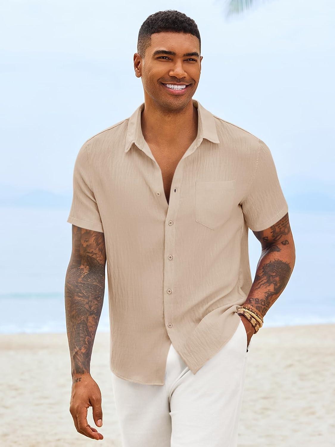 imageRuncati Mens Button Down Shirts Casual Short Sleeve Linen Shirt Summer Beach Textured Tops with PocketLight Khaki