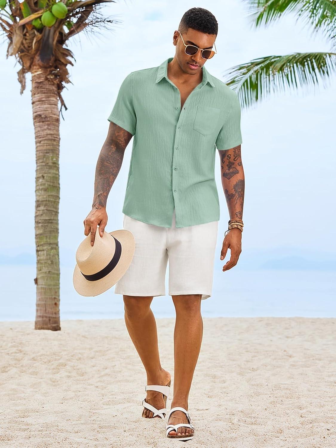 imageRuncati Mens Button Down Shirts Casual Short Sleeve Linen Shirt Summer Beach Textured Tops with PocketMint