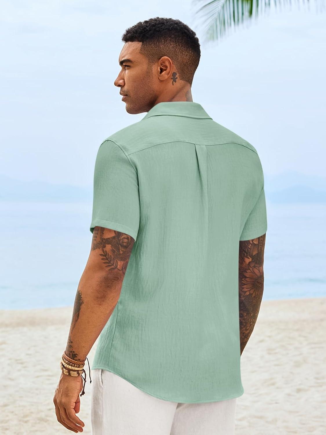 imageRuncati Mens Button Down Shirts Casual Short Sleeve Linen Shirt Summer Beach Textured Tops with PocketMint