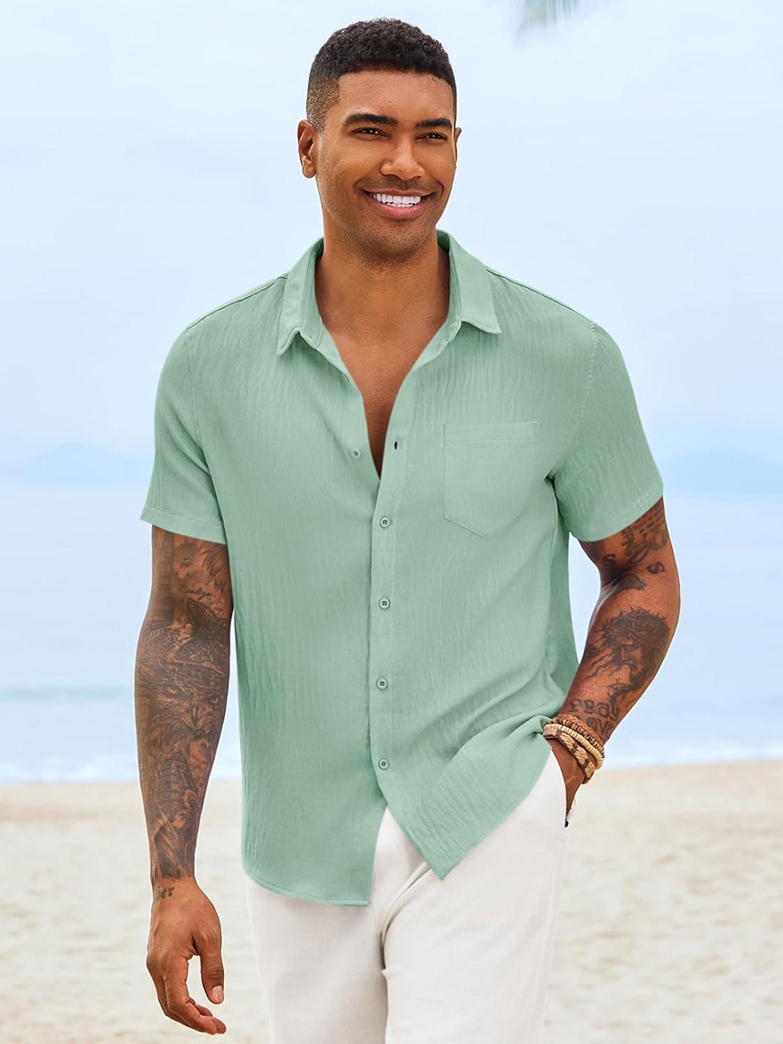 imageRuncati Mens Button Down Shirts Casual Short Sleeve Linen Shirt Summer Beach Textured Tops with PocketMint