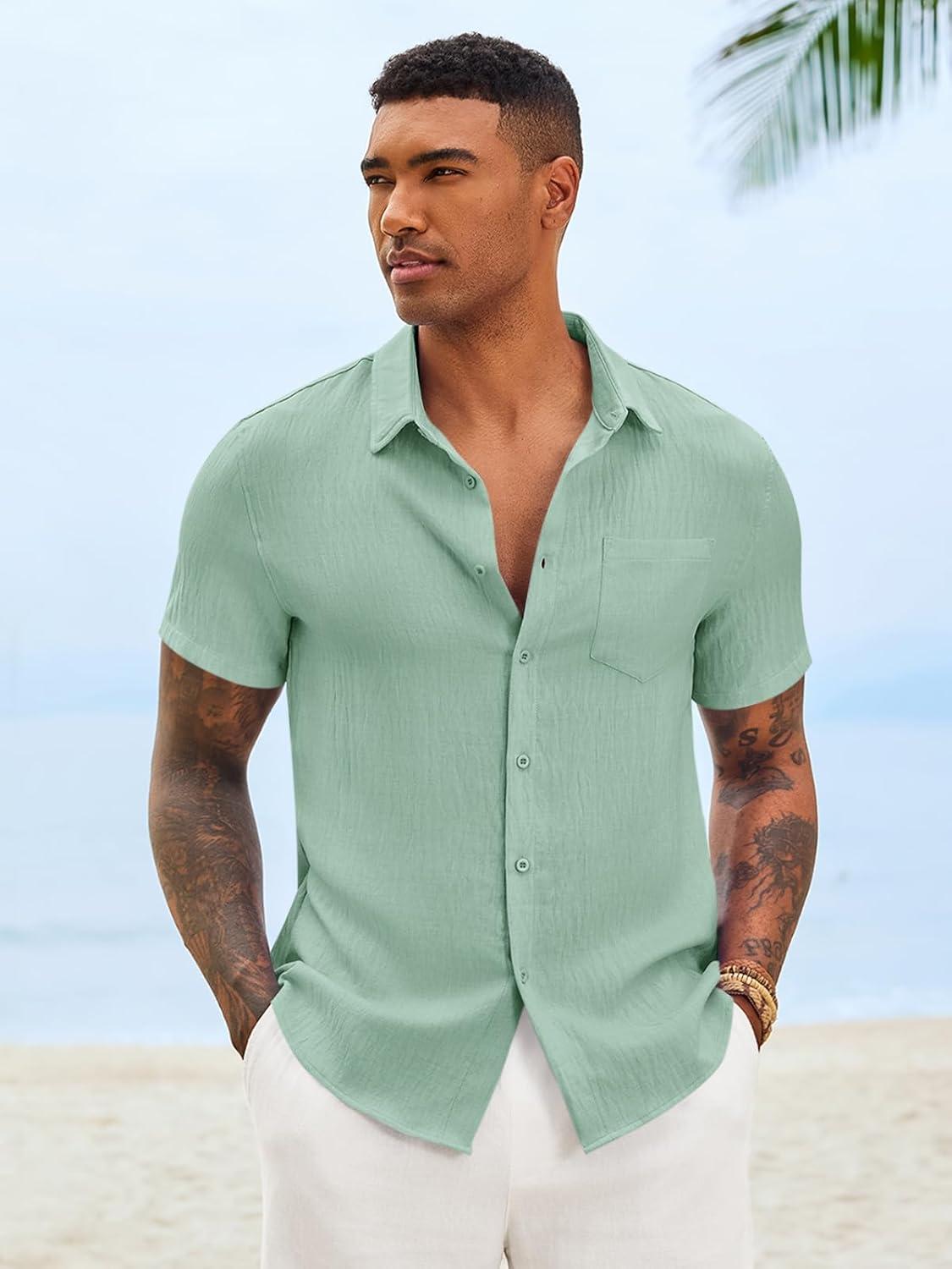 imageRuncati Mens Button Down Shirts Casual Short Sleeve Linen Shirt Summer Beach Textured Tops with PocketMint