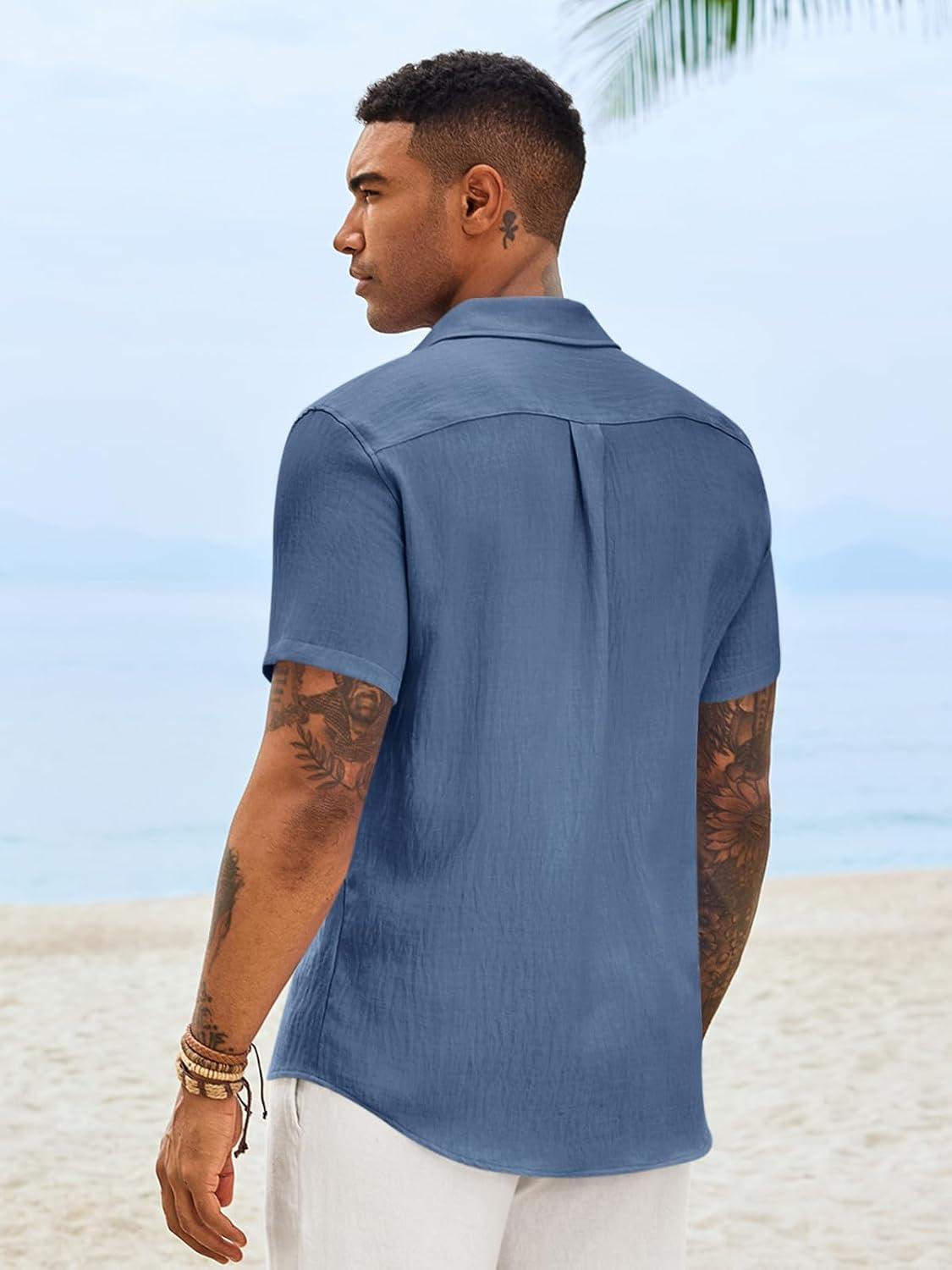 imageRuncati Mens Button Down Shirts Casual Short Sleeve Linen Shirt Summer Beach Textured Tops with PocketNavy