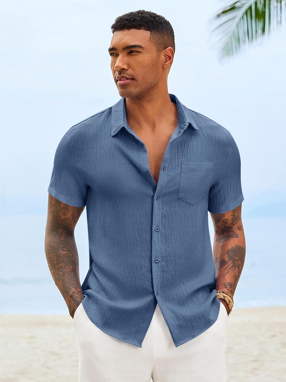 imageRuncati Mens Button Down Shirts Casual Short Sleeve Linen Shirt Summer Beach Textured Tops with PocketNavy