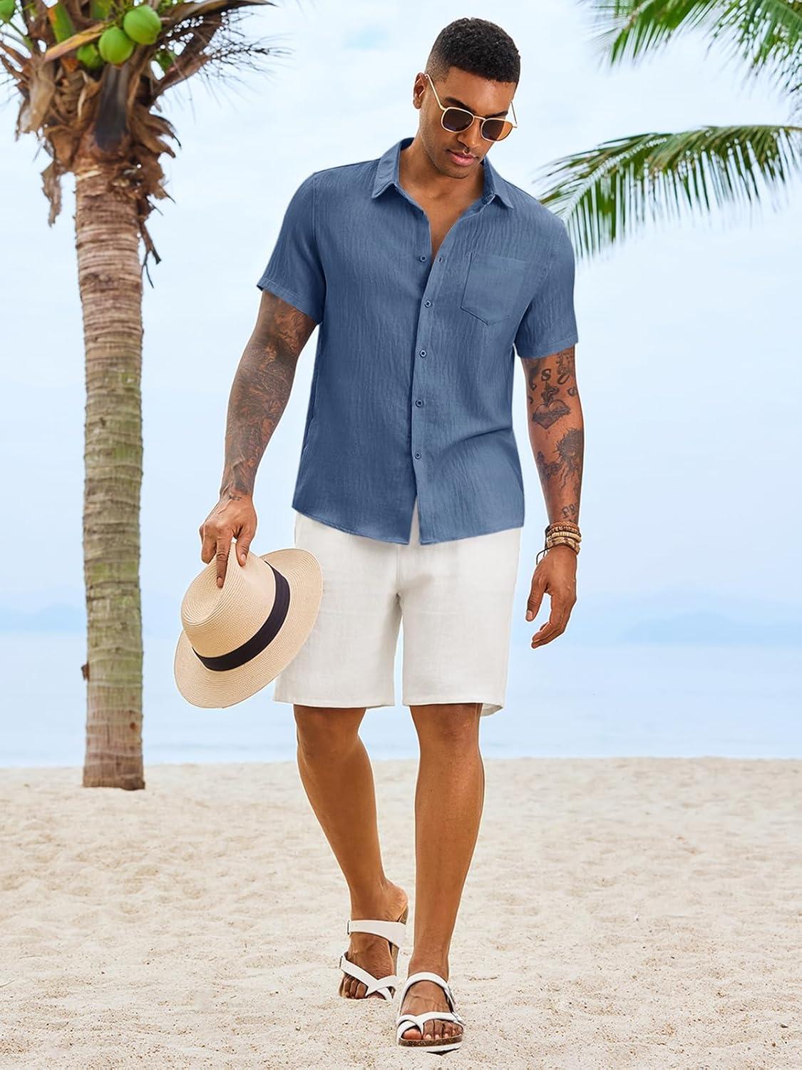 imageRuncati Mens Button Down Shirts Casual Short Sleeve Linen Shirt Summer Beach Textured Tops with PocketNavy