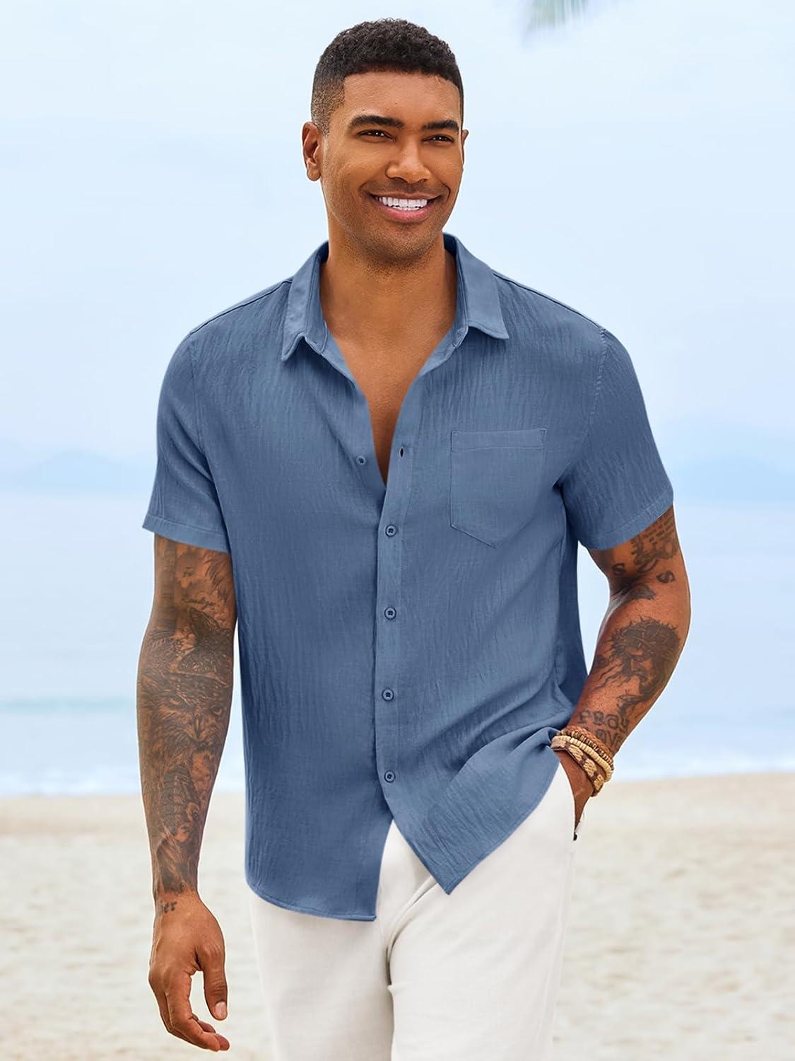 imageRuncati Mens Button Down Shirts Casual Short Sleeve Linen Shirt Summer Beach Textured Tops with PocketNavy