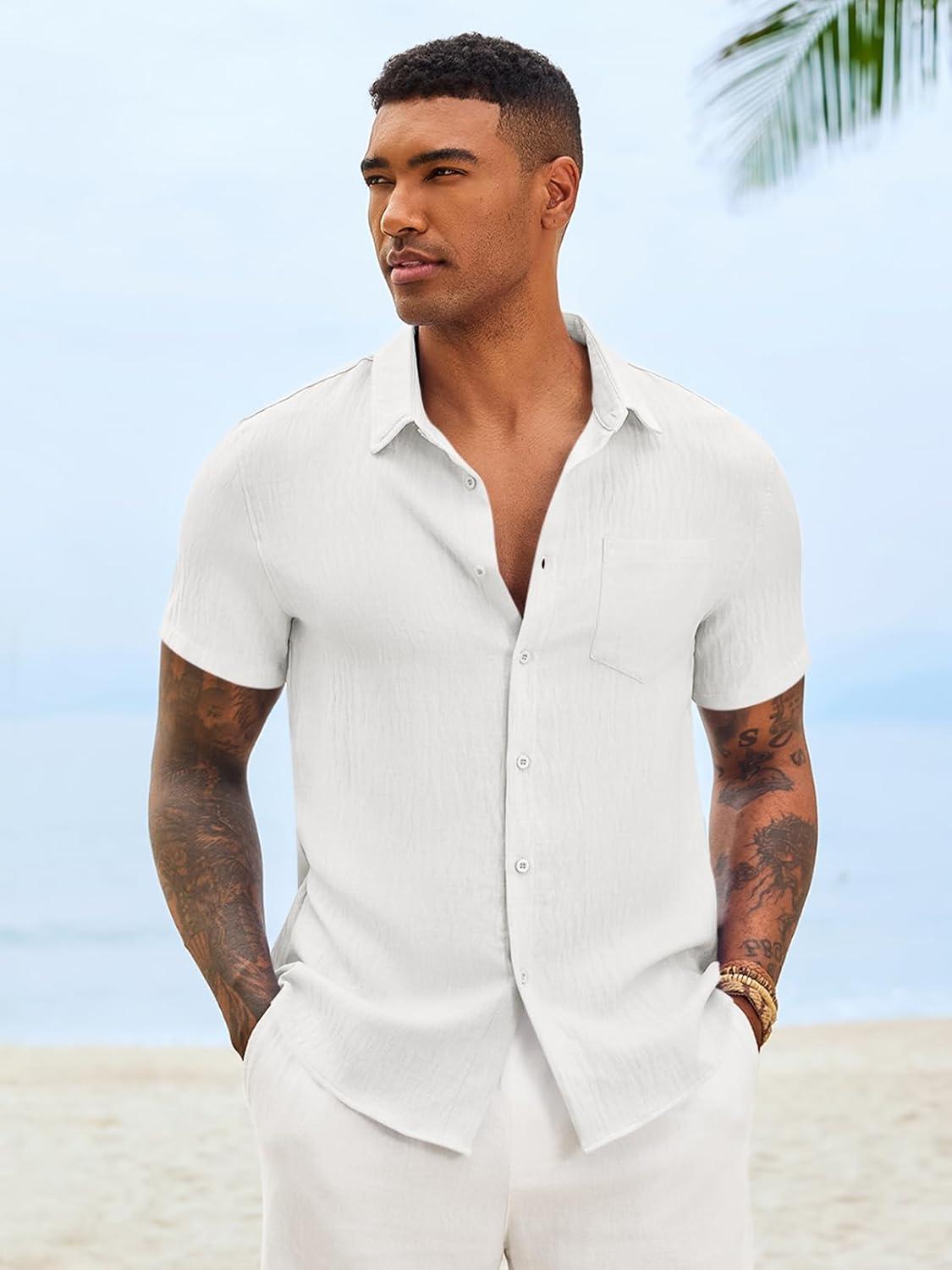 imageRuncati Mens Button Down Shirts Casual Short Sleeve Linen Shirt Summer Beach Textured Tops with PocketWhite